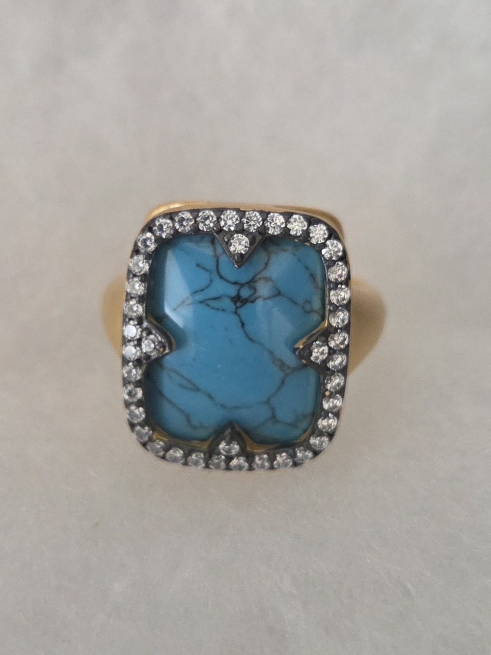 Gold Ring with Turquoise Blue Stone and Crystal Halo